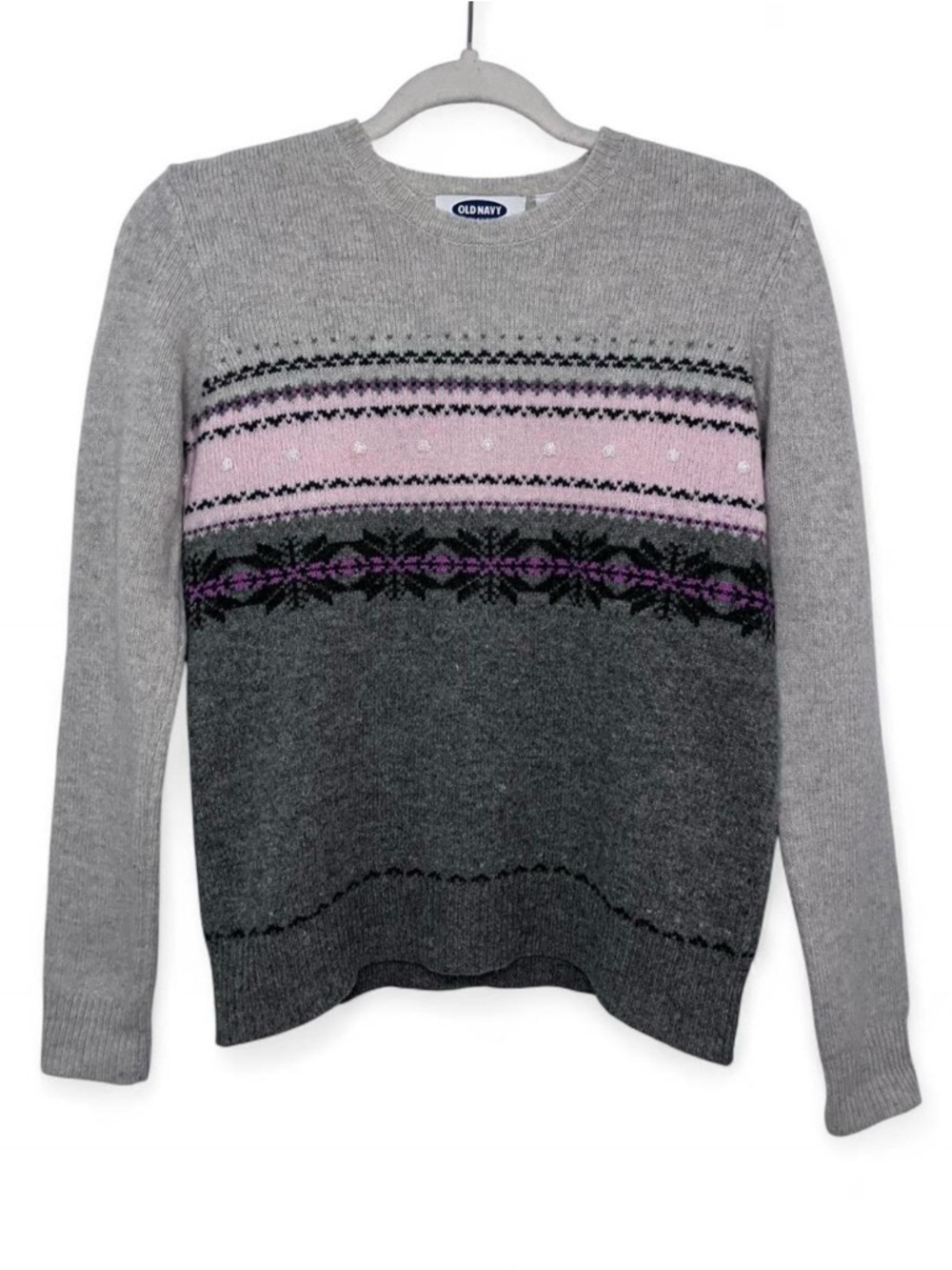 Old Navy Gray Crewneck Sweater with Pink and Purple Fair Isle Detail Lambswool